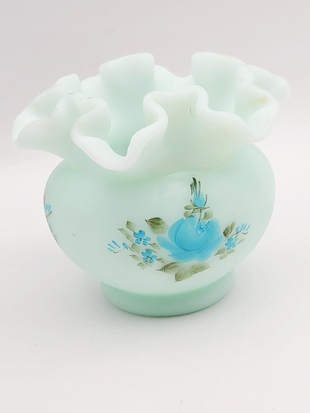 Fenton Satin Glass Hand Painted Blue Rose Ruffled Bowl Vase Signed
